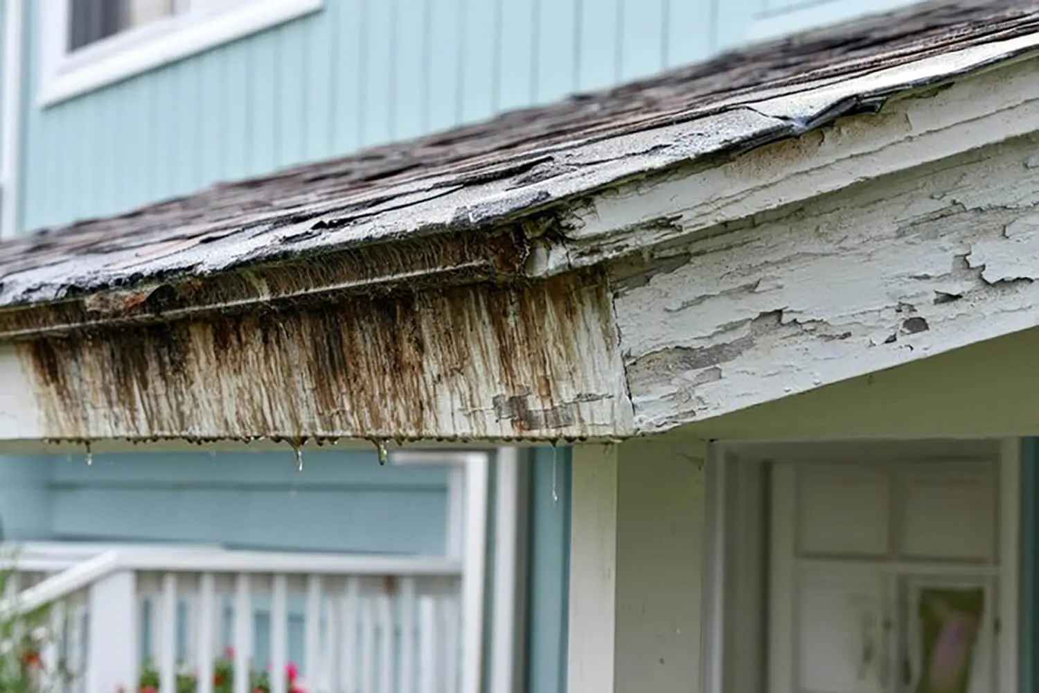 Rotted wood fascia and peeling paint on a coastal home's roofline, showing salt air damage to exterior paint.