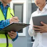 Homeowner reviewing a written quote with a contractor, an important step in spotting red flags when hiring a painting contractor.
