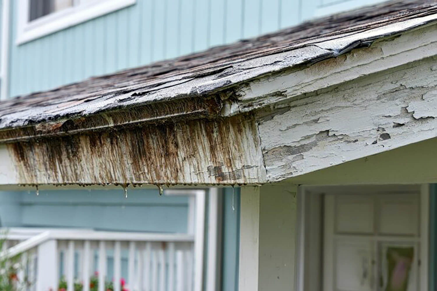 Rotted wood fascia and peeling paint on a coastal home's roofline, showing salt air damage to exterior paint.